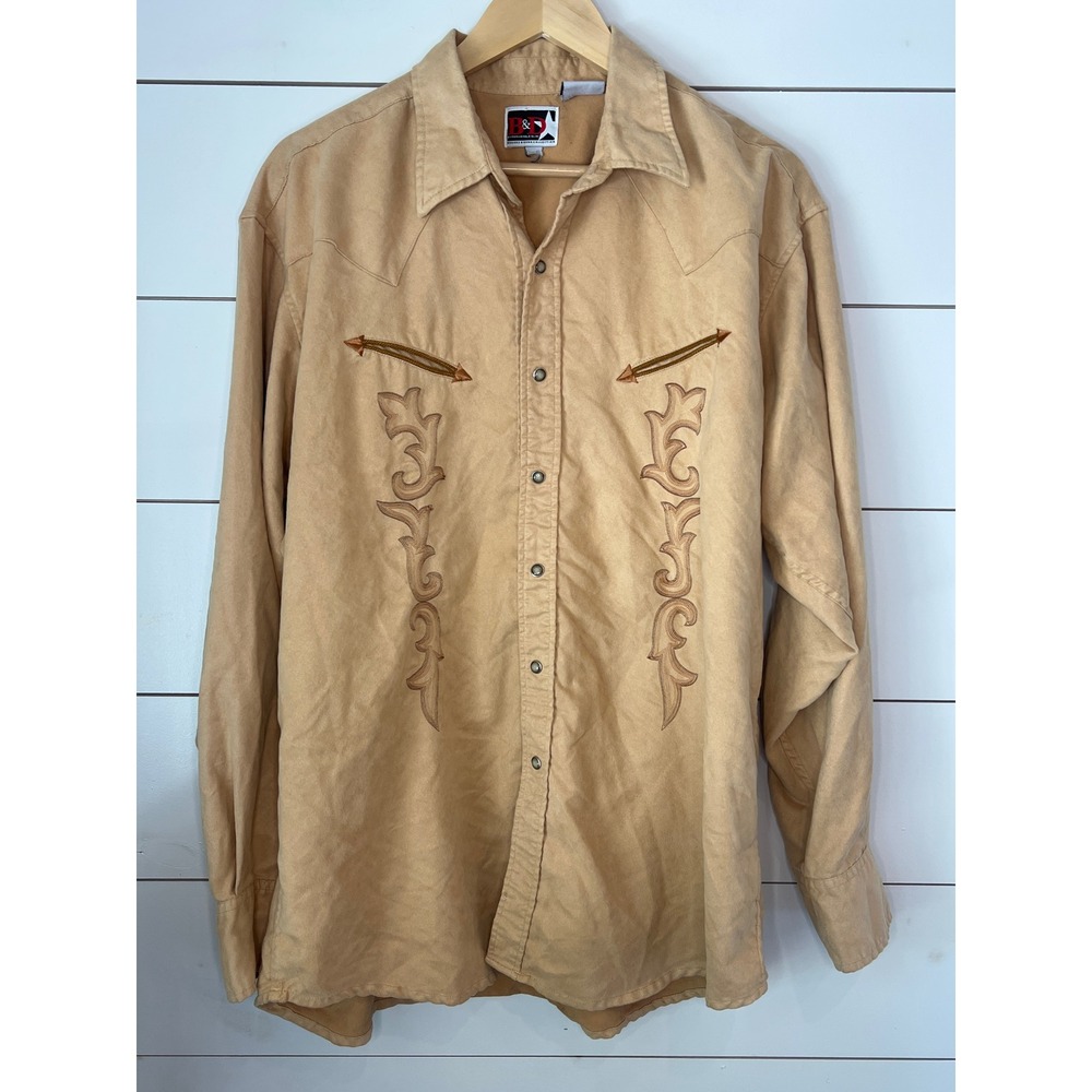 Brooks & Dunn Panhandle Slim Western Pearl Snap Shirt Tan Faux Suede Embroidered